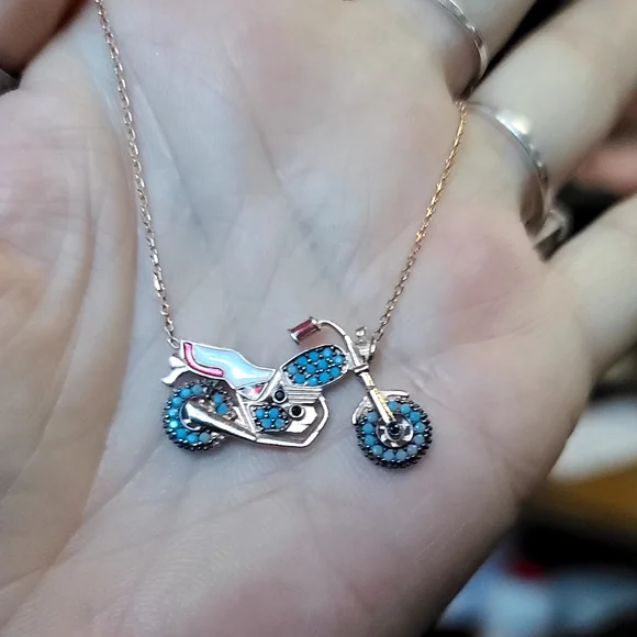 COPY - Turquoise & Onyx enamel sterling & rose gold Motorcycle necklace 18" - Picture 7 of 9